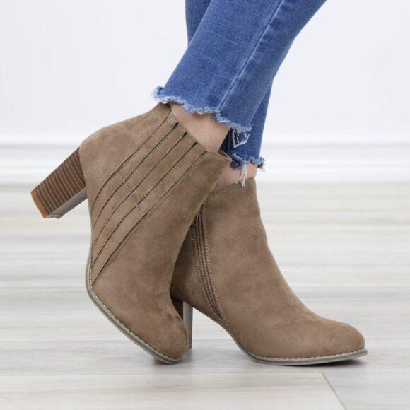 Ankle Boots Block Heel Rounded Toe Taupe Faux Suede Side Zipper High Shaft Chic - Picture 6 of 13